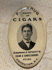 RARE F.C. KRUG CIGARS Oval Celluloid Advertising Pocket Mirror- Cohocton, NY picture