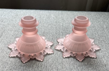 Westmoreland Pink Satin Doric Open Lace Candlestick Pair Depression Glass MCM picture