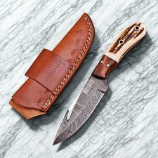 Damascus Gut Hook Hunting Knife Stag Handle Skinner Hand Forged Full Tang Sheath picture