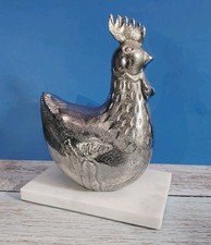 Vintage Silver Rooster Figurine on Marble Base Country Kitchen Decor Made India picture