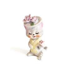 Vintage Lefton C-851 Gray Cat Kitty Bonnet Floral Rose Scarf Figurine 3.25