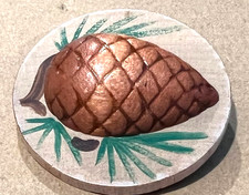 HTF Lg  HP Wood w Celluloid or Plastic Attached PINECONE 1 5/8” Button Stained picture