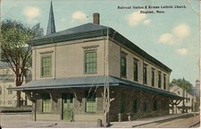 Hingham MA RR Station, Train Depot, Railroad 1914 Church, HURT CARD picture