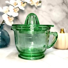 Measuring Cup Juicer Reamer Mixing Bowl, Green Depression Style Glass, VTG Style picture
