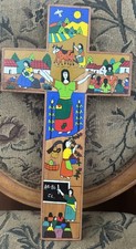 VINTAGE HAND PAINTED Wooden CROSS EL SALVADOR Souvenir  17” X  9” Religious picture