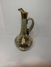 MCM Vintage Romanian Liquor Decanter Gold Flowers With Handblown Smokey Glass picture