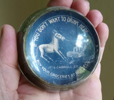 1890s ANTIQUE HUMOROUS MULE HUEBEL'S GROCERY ADVERTISING GLASS PAPERWEIGHT picture