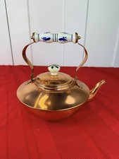Vtg Tayee Copper Tea Kettle Delft Blue White Porcelain Handle Taiwan Unused picture
