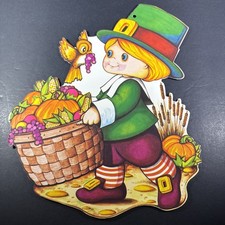 Vintage Thanksgiving Fall Decoration Pilgrim Boy Basket Die-Cut Beistle USA 1978 picture