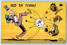 c1930's Uncle Sam Kicked Japanese Soldiers Keep Em Flying WWII Vintage Postcard picture