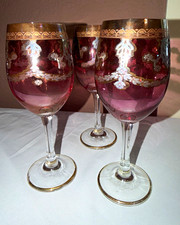 Set of 3 Pink & Gold Floral Etched Stemmed Wine Glasses Decorated RARE picture