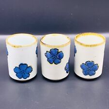 Set of 2 Art Pottery Blue Flower Shot Glasses 3.25”T 2.25”W picture