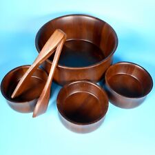 VTG Heirloom 5pc Solid Walnut Didware Salad Bowl Set Serving Tongs MCM 1610 picture