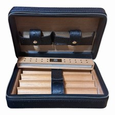 Avo Cigar Case Travel Cedar Wood Ostrich Print Black Leather Humidor Box 8x5 picture