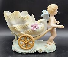 Vintage Cherub Planter Figurine Porcelain Bisque Wagon Shell Nautical Japan picture