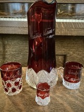 Antique Early American Pattern Glass Ruby Stained Souvenir Pitcher Tumbler Mug picture