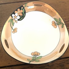 Antique Noritake hand-painted floral dish w/peach lusterware rim Handles 7” Blac picture