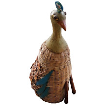 Vintage Woven Wicker Peacock Lidded Trinket Basket Boho Catch All picture