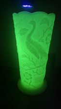 Fenton Burmese Custard Glass Peacock Garden Floral Scalloped Uranium Glow Vase picture