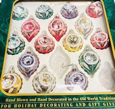 16 VINTAGE HAND BLOWN & DECORATED GLASS CHRISTMAS ORNAMENTS MIXED COLORS HOLIDAY picture
