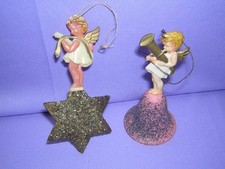 2 Vintage Celluloid Christmas Ornament Angels Germany Star Bell Mica picture