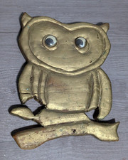 Vtg Hand Carved Wood Owl Figurine 8.75” Folk Art Googly Eyes Gold Rustic Decor picture