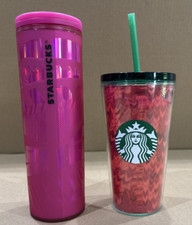 Starbucks Mugs Tumbler 16oz x2 Hot Pink Holiday 2022 Siren New & Used Coffee Tea picture