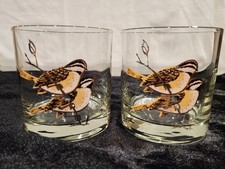 Vintage Couroc Chickadee Lowball Glasses Set of 2 Mid Century Gold Rocks, Signed picture