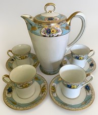 Rare Noritake Coffee Pot Set 4 Serving Hand Painted Blue Band Gold Trim Jeweled picture