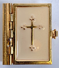Vintage Miniature The Holy Bible Gold White Enamel Cover Dollhouse Actual Print picture