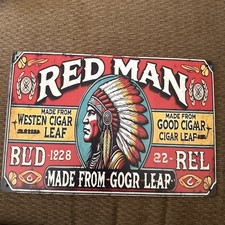 Love This “Red Man” Good Cigar Leaf Metal Tin 7.8”x11.9” picture