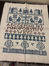 Vintage Cross Stitch Sampler Alphabet Blue Burgundy Linen 16x19 picture