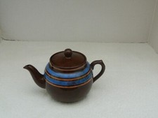 Teapot Pottery Brownware Glaze Blue Pink Trim picture