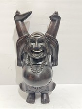 Vintage Asian Wooden Smiling Buddha Statue Seven Lucky Gods 15” Tall picture