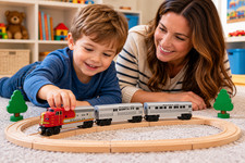 Handcrafted American Santa Fe Super Chief F7 Wooden Train 15pc Track Set picture