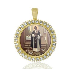 St Martin De Porres Christian Round Medal Gold Tone Pendant with Rhinestones picture