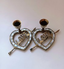 Vintage Pair Rustic Brass & Inlaid Mother If Pearl Candle Holders 