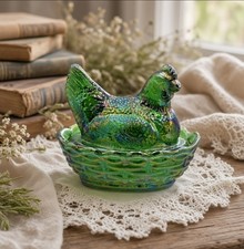 Westmoreland by Rosso Emerald Green Carnival Glass Hen on Nest Mini Salt Cellar  picture