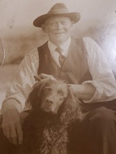 Antique 1910s Studio Proof Photo Men Smoking Pipe Curly Spaniel Dog Blind Stamp picture