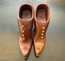 Vintage Hand Carved Wooden Boots Pair Victorian Button Shoes Folk Art 5in picture