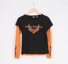 HARLEY DAVIDSON Vintage Layered Long Sleeve T-Shirt Orange & Black Y2K Size M picture