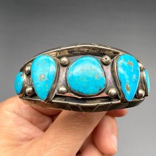 Vintage Navajo Native Turquoise Silver Bracelet Cuff 6-3/8
