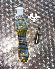 Blue & Yellow Striped Glass Tobacco Pipe picture