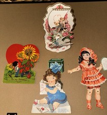 Antique Vintage Valentine Cards Lot of 4 Die Cut Pop Up Jointed Paper Doll Cupid picture