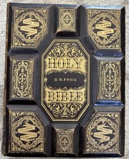 RARE 1870 Antique Family Bible-Ornate Leather, Photo Album & Gold Illustrations picture