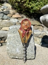Antique Anri Italy Hand Carved Painted Wood Woman Lady Bottle Opener Corkscrew picture