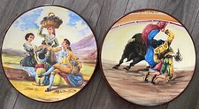 2 Vtg hand painted wall plates. Grape harvest, matador & bull fight. Signed. picture