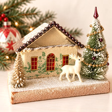 Vintage Japan Christmas Putz House Reindeer Bottle Brush Tree Mercury Glass 5.5
