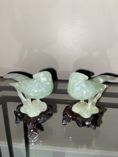Vintage Pair of Chinese Celadon Jade Hardstone Birds on Hardwood Stands picture