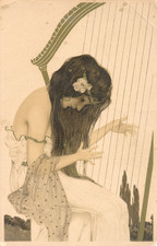 Beautiful Lady Playing the Harp  1910's Photo Postcard RPPC S24 picture